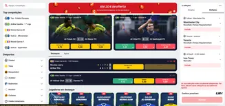 Plataforma da Betclic com apostas ao vivo em futebol, ténis e jogadores em destaque Interface de apostas desportivas da Betclic com jogos ao vivo, odds em destaque e boletim de apostas múltiplas com seleções fechadas